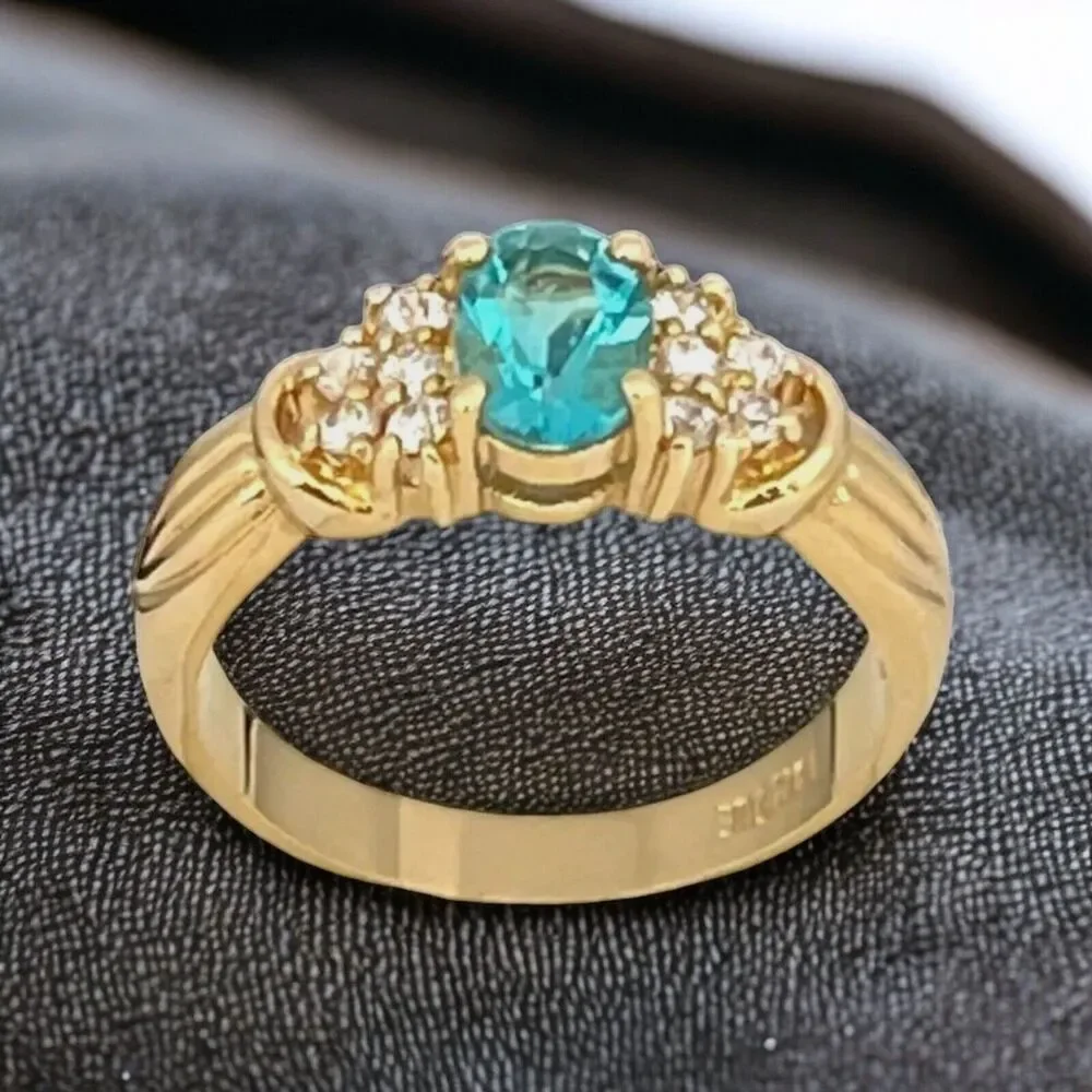 Vintage 1980s Blue CZ Ring Size 9 18KTGE Gold Plate Cluster - 14E